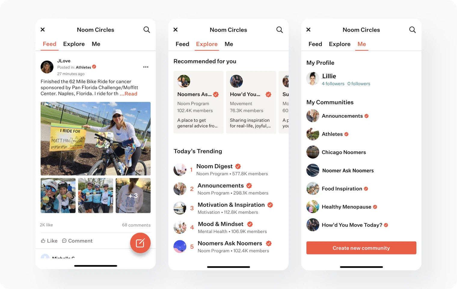 Feed and groups inside the Noom app